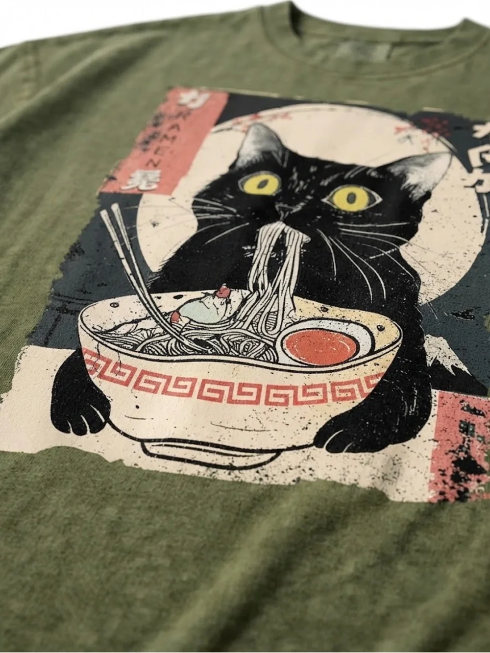 Comfort Colors Moss Short Sleeve Tee with Black Cat Ramen Graphic